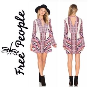 Free People Tegan Border Pink & White Printed V-Neck Long-Sleeve Mini Dress 6